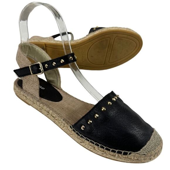 Dune London Joka Black Leather Studded Flat Espadrille ￼Sandals Women’s Size 6 (